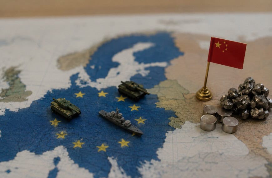 Miniatuur militaire voertuigen en Chinese vlag op wereldkaart.