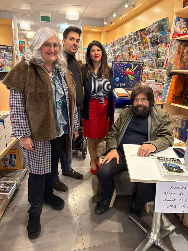 Marel Halter ontmoet schrijvers en illustratoren in een boekwinkel.