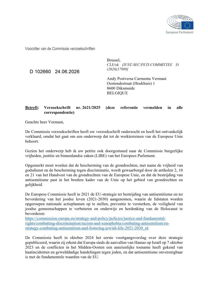 Europees Parlement logo en document met tekst over antisemitisme en discriminatie.