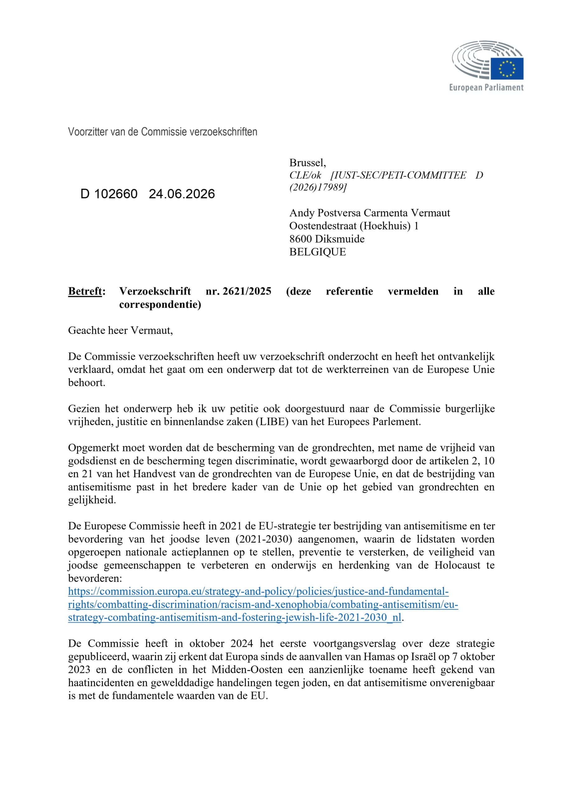 Europees Parlement logo en document met tekst over antisemitisme en discriminatie.
