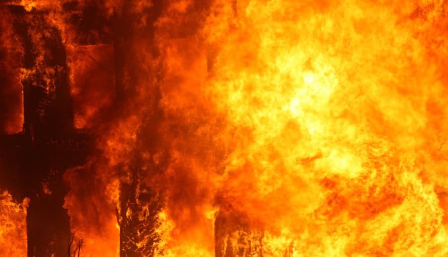 Brandweer blust een grote bosbrand met veel rook en vuur.