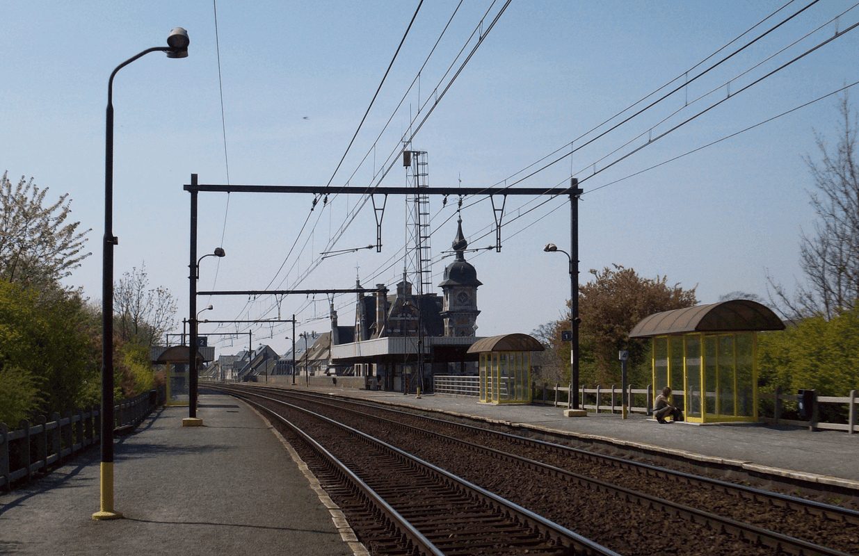 Station met spoorlijnen en perron in een rustige omgeving.
