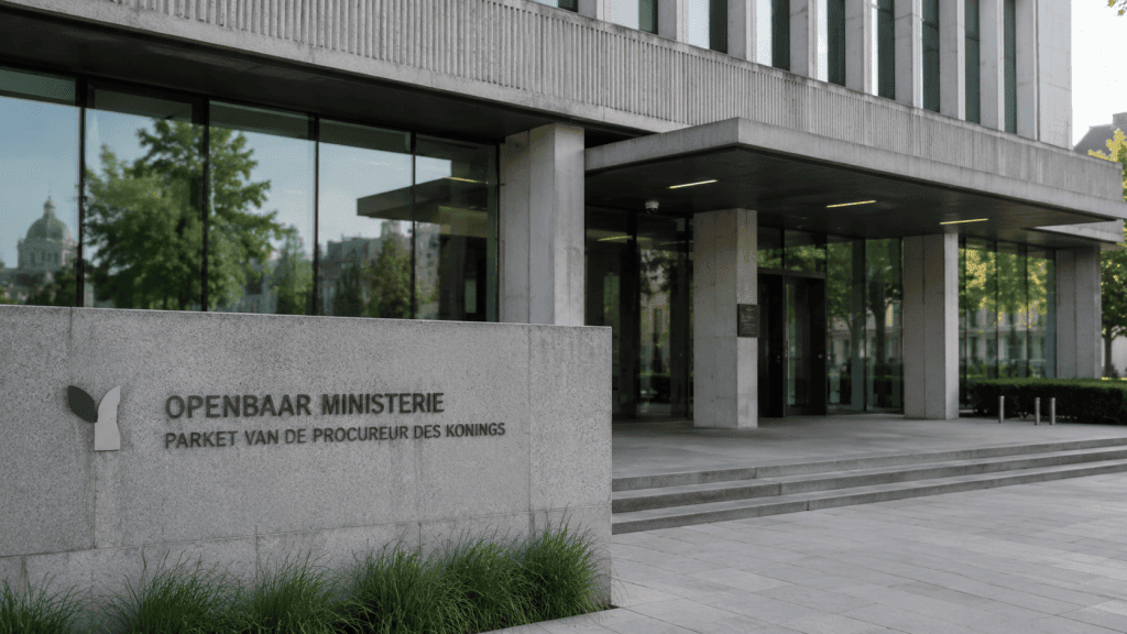Openbaar Ministerie gebouw in Roeselare met groene omgeving.