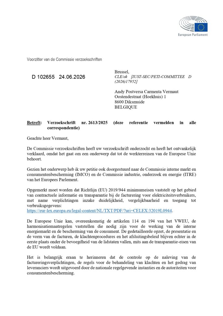 Een energiefactuur die niemand begrijpt, is geen consumentenbescherming: het Europees Parlement laat verzoekschrift 2613/2025 los zonder antwoord