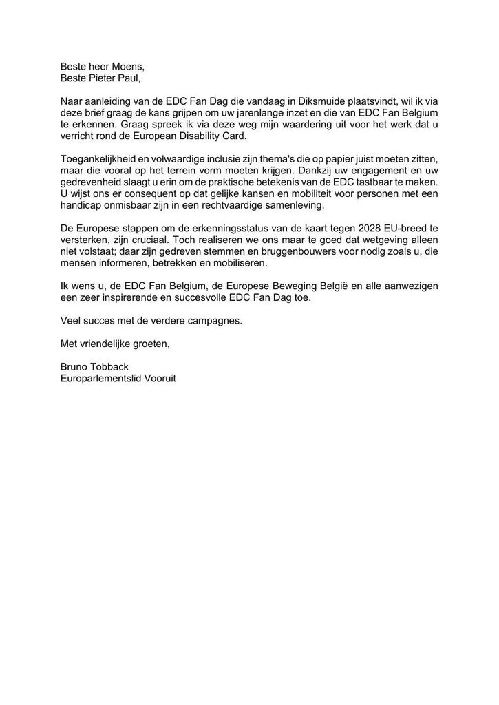 Europarlementslid Bruno Tobback bedankt Pieter Paul Moens voor jarenlange inzet voor European Disability Card