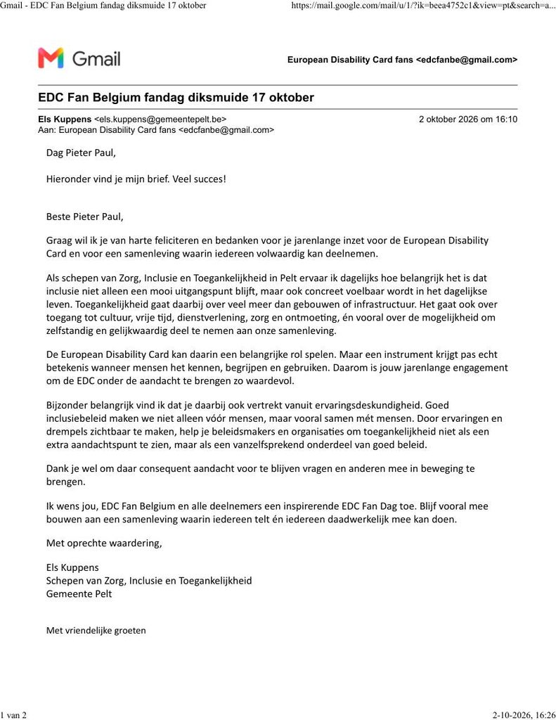 Peltse schepen Els Kuppens bedankt Pieter Paul Moens voor jarenlange inzet voor toegankelijkheid