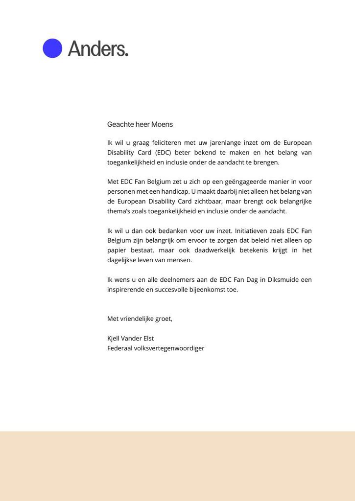 Kjell Vander Elst steunt EDC Fan Belgium en bedankt Pieter Paul Moens voor inzet rond toegankelijkheid