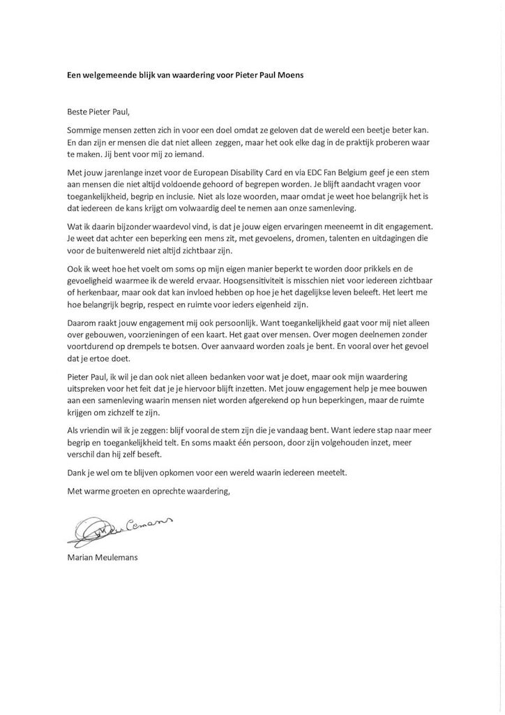 Marian Meulemans bedankt Pieter Paul Moens voor inzet voor mensen die vaak niet worden gehoord