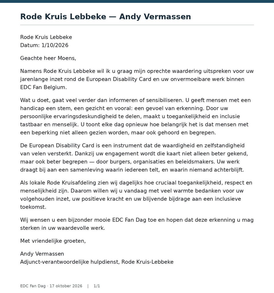 Rode Kruis Lebbeke bedankt Pieter Paul Moens voor zijn werk rond European Disability Card