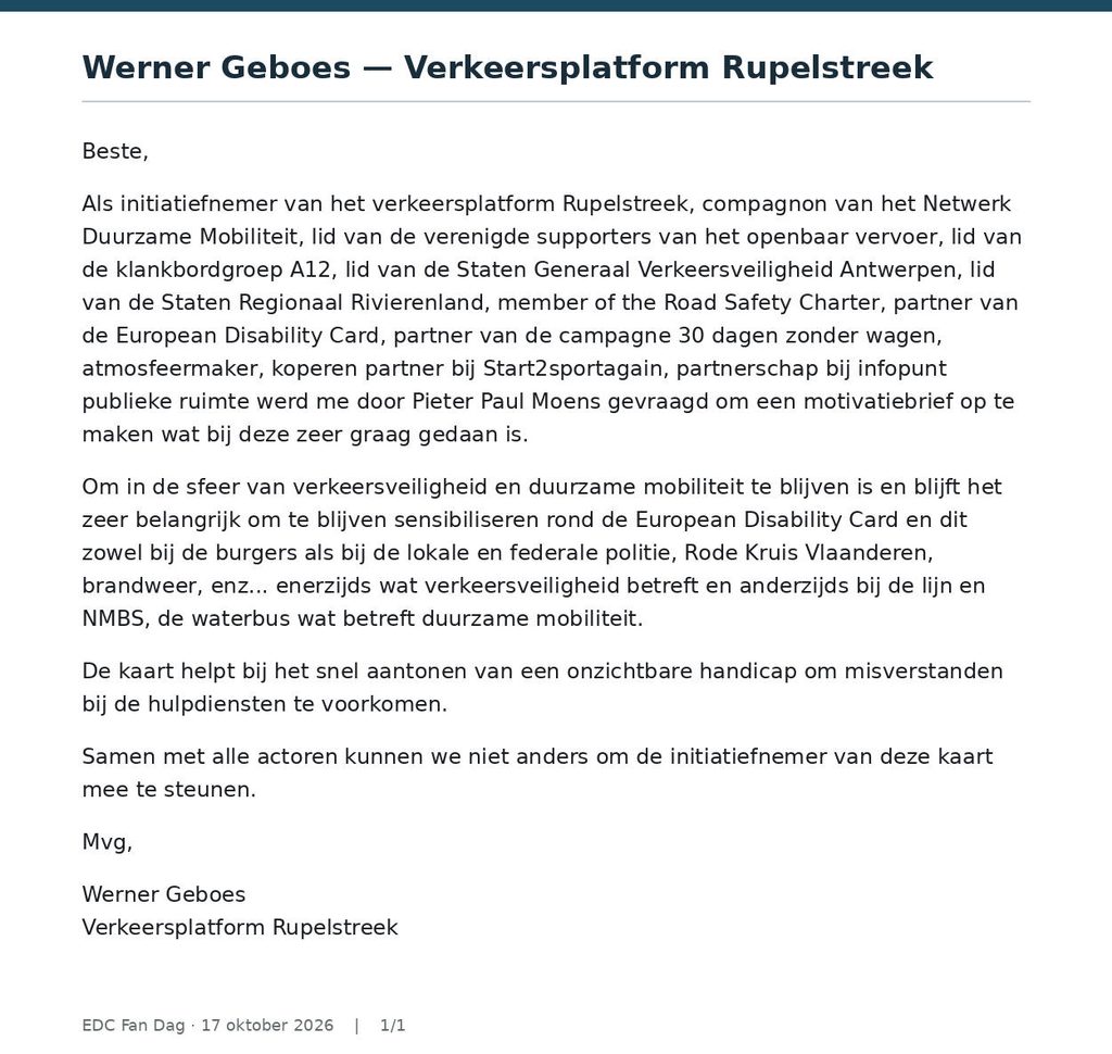 Werner Geboes vraagt meer bekendheid voor European Disability Card bij politie, openbaar vervoer en hulpdiensten