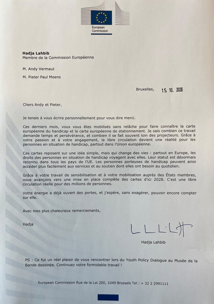 Europees commissaris Hadja Lahbib bedankt Andy Vermaut en Pieter Paul Moens persoonlijk: “Jullie energie heeft al deuren geopend”